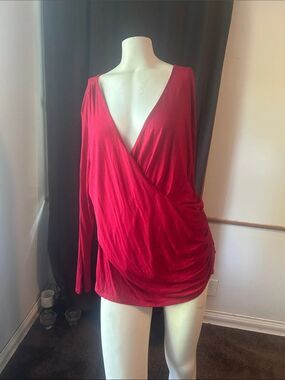 Curvy Sense Red Draped V-Neck Long Sleeve Top
